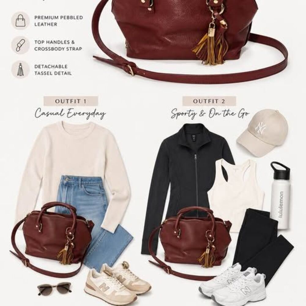Burgundy Pebbled Satchel Handbag with Crossbody Strap & Tassel